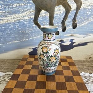 Floral Ceramic Vase with Blue Accents